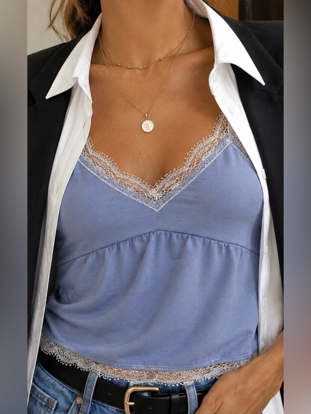 Oh! Me Tell Blue Satin Lace Trim Babydoll Camisole Top Size M Fairycore Coquette